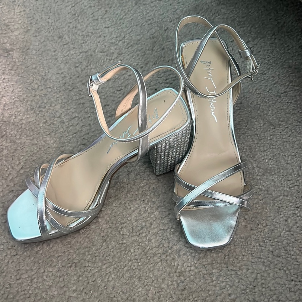 Betsey Johnson Silver Metallic Strappy Block Heel Sandals